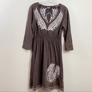 Rock & Roll Cowgirl Embroidered Angel Wing Brown/White V-Neck Shirt Dress